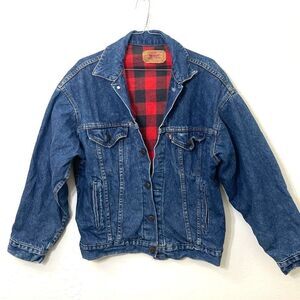 Vintage 90’s Levi’s Denim Trucker Jacket Red and Black Buffalo Plaid Lined